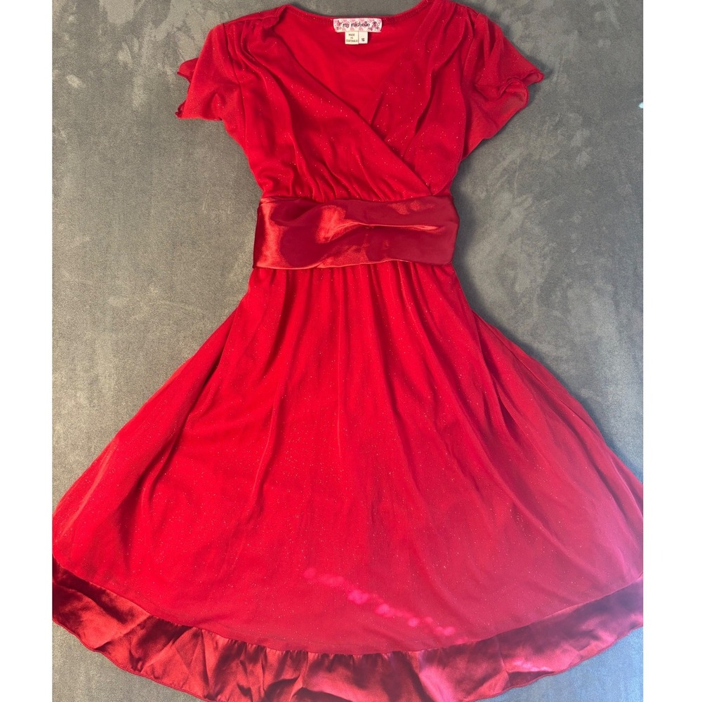 Michelle Red Glitter Satin Trim Party Dress
